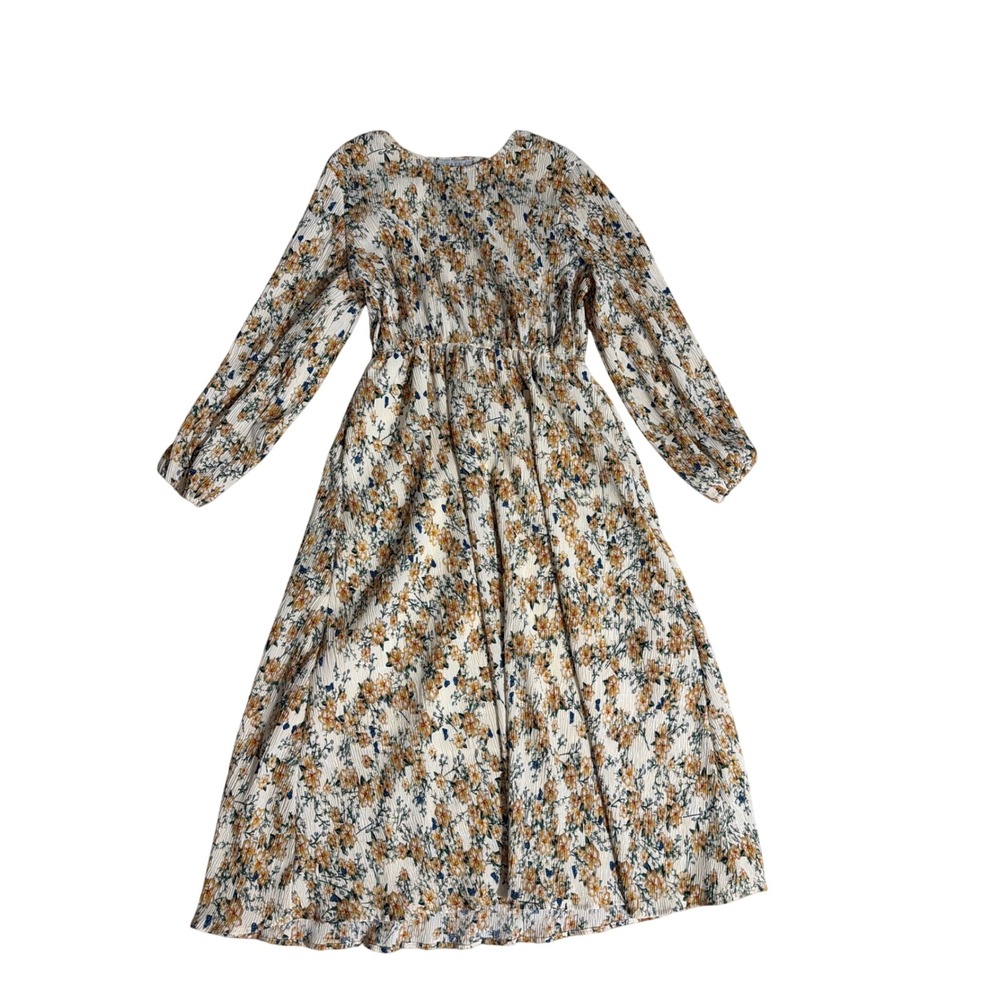 Hayden Los Angeles Floral Pleated Maxi Dress Long Sleeve Yellow Blue Small